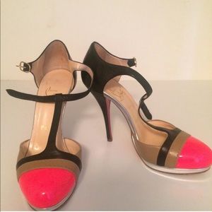 Christian Louboutin hot pink multicolor T strap